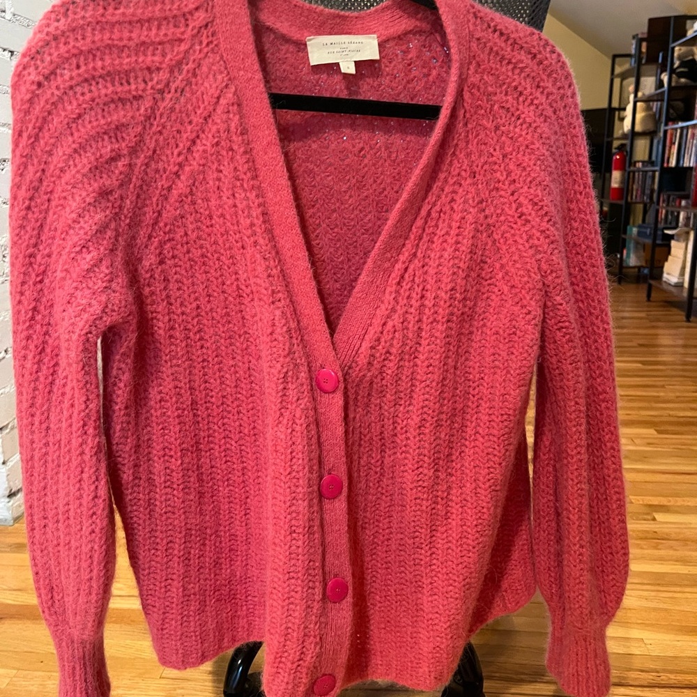 Sezane Rose-Pink Ribbed Mohair Blend Button Cardigan